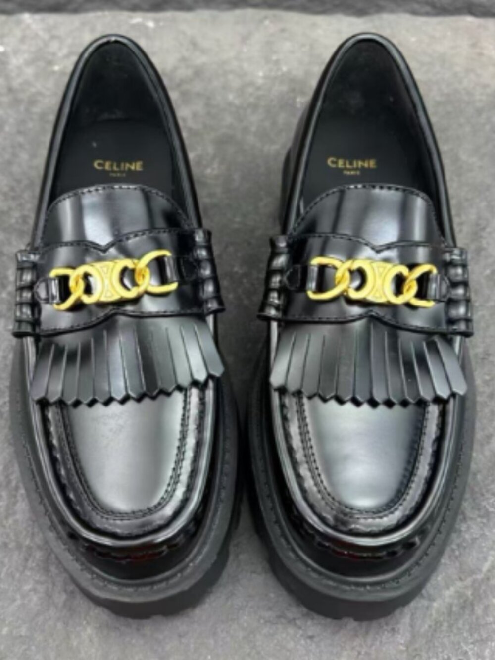 Celine Black Triomphe Fringed Platform Loafers